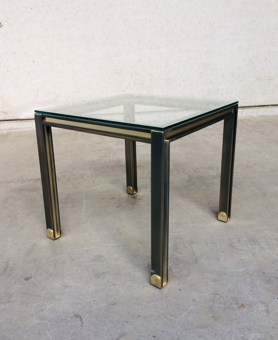 Post Modern Design Brushed Steel & Brass Square Coffee Table, 1980s Belgium