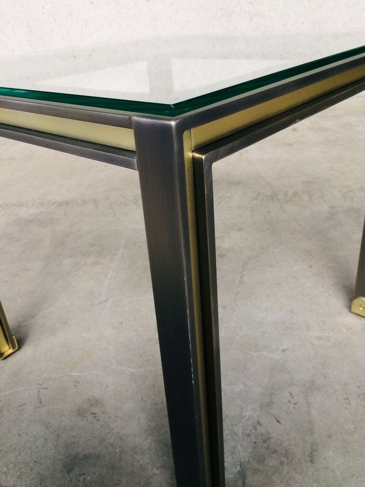 photo for sale Post Modern Design Brushed Steel & Brass Square Coffee Table, 1980s Belgium