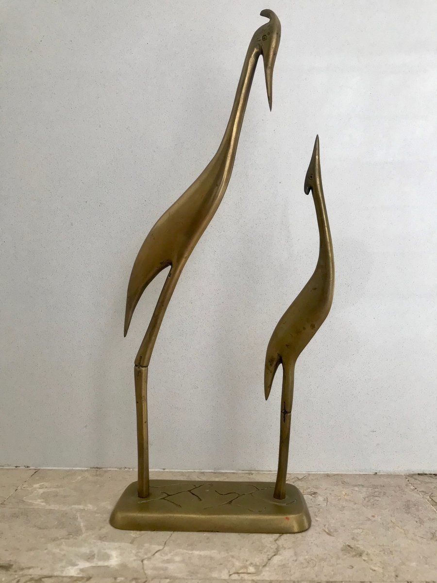 Mid Century Brass Pair Of Herons Sculpture On Pedestal, 1960s photo for sale