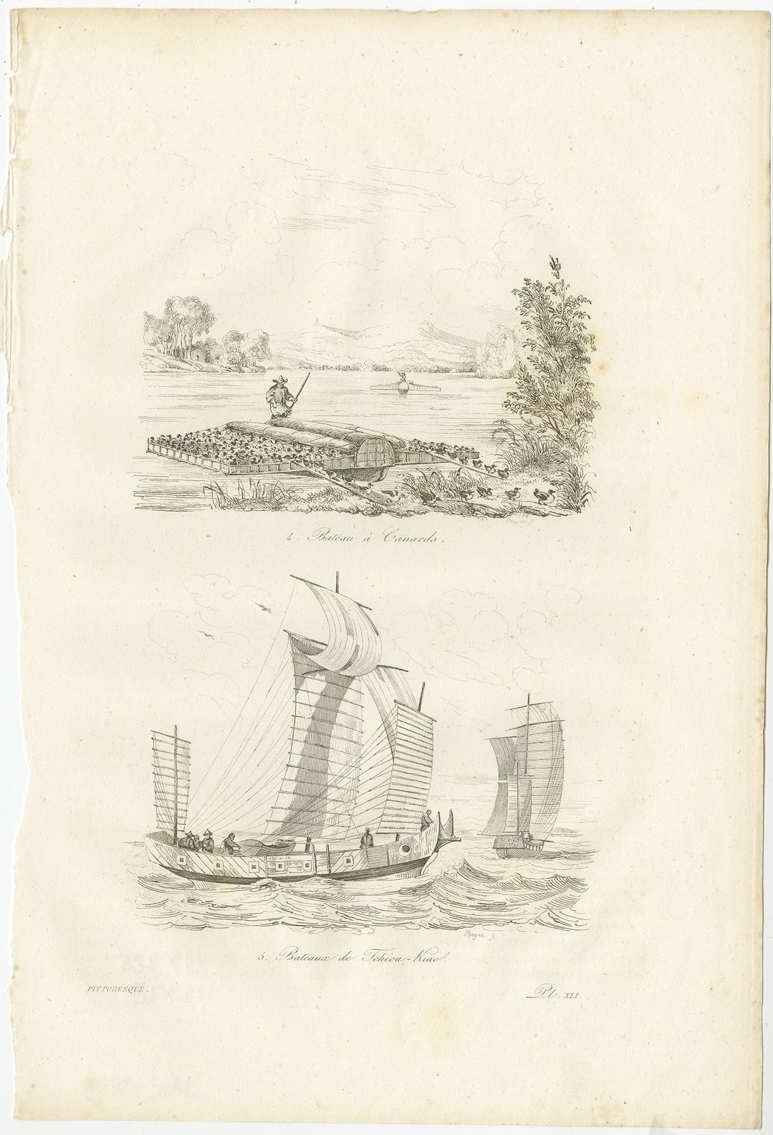 Antique Print Of A Boat With Ducks And Jiaozhou Boats By Dumont D'urville (1834)
