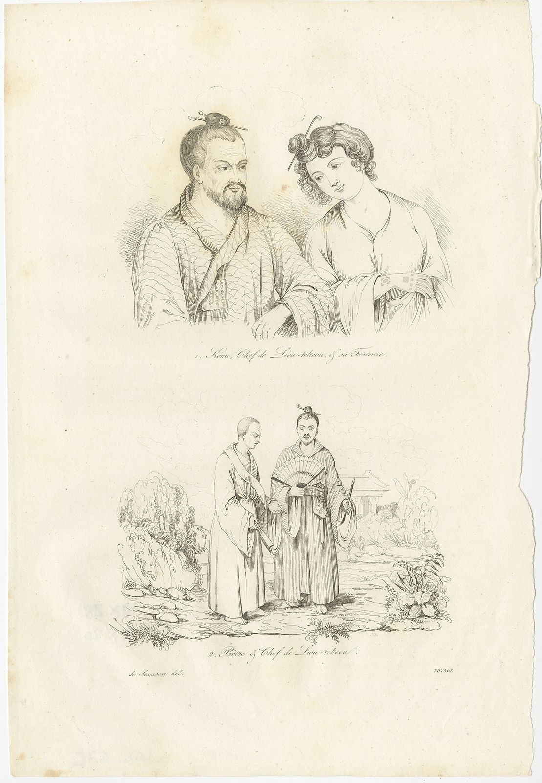 Antique Print Of The Priest And Chief Of Liu Tcheou By Dumont D'urville (1834)