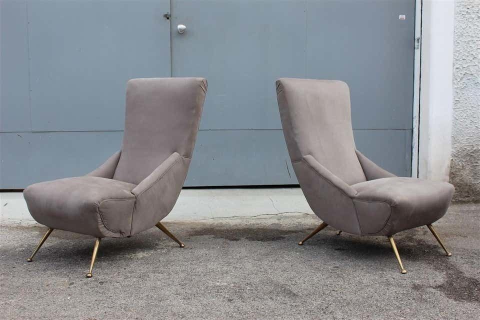 Boomerang Pair Of Armchairs Italian Midcentury Design 1950 Brass Grey Cotton photo furniture