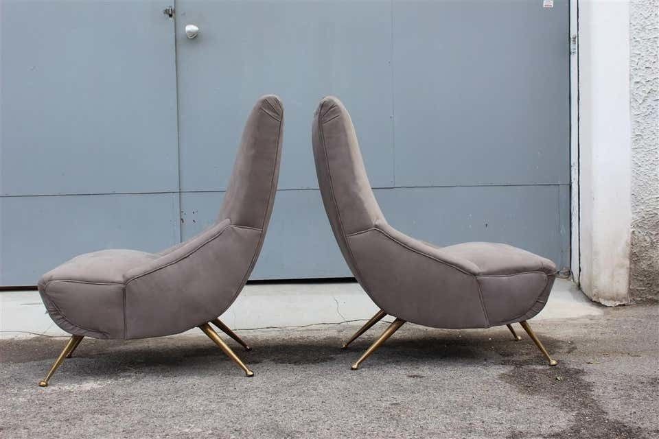 Boomerang Pair Of Armchairs Italian Midcentury Design 1950 Brass Grey Cotton photo 3354.0