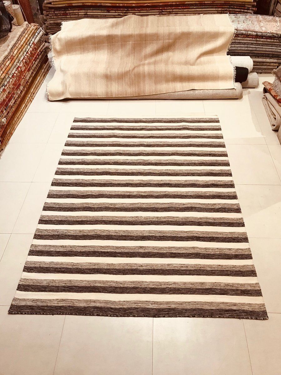 499.0 Handwoven Cotton And Wool Black And Beige Kilim Carpet, 1970s photo