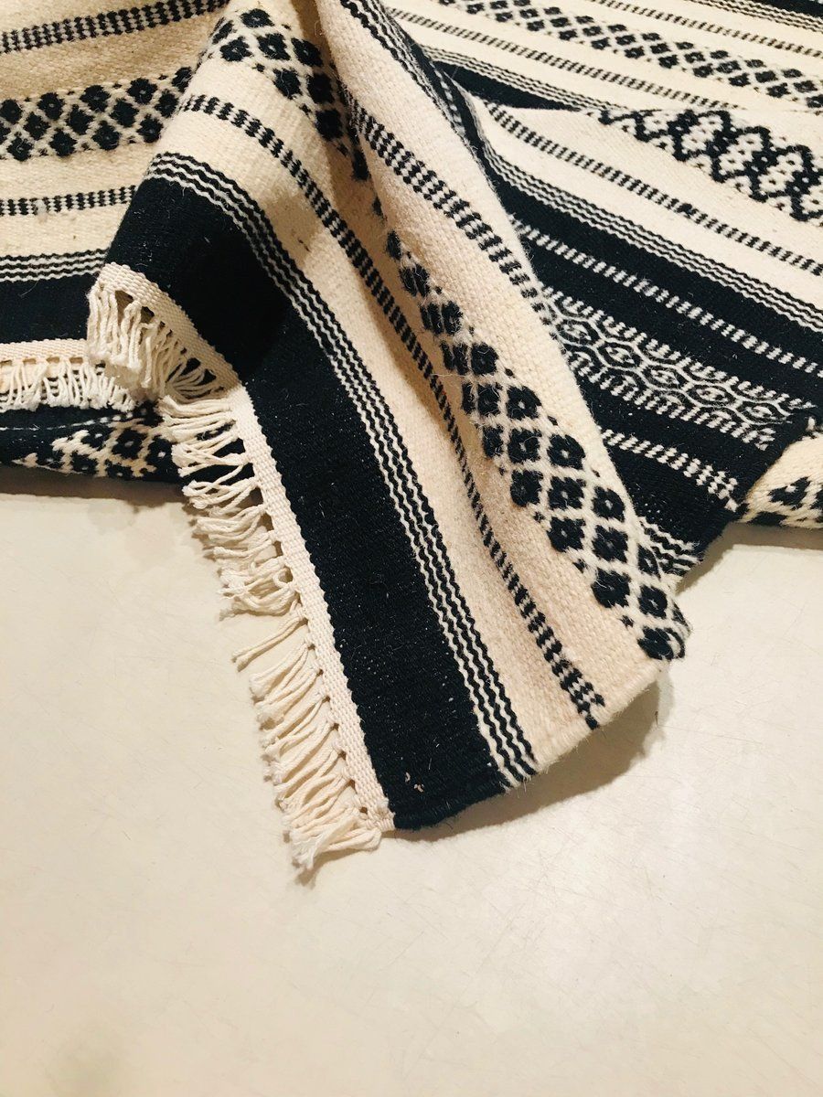Handwoven Cotton And Wool Black And Beige Kilim Carpet, 1970s photo vinterior
