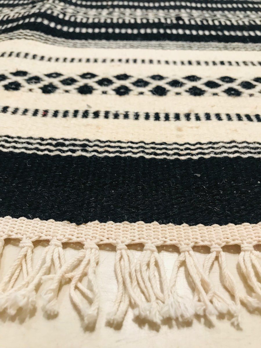 photo for sale Handwoven Cotton And Wool Black And Beige Kilim Carpet, 1970s