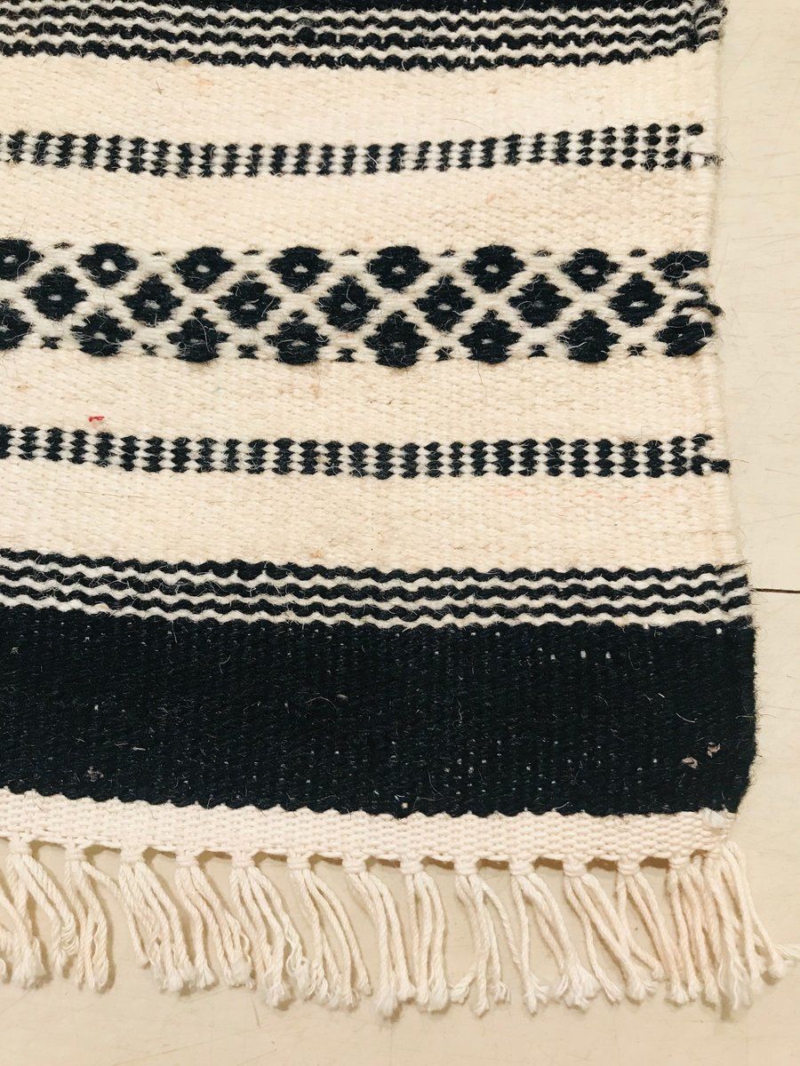 Textiles Handwoven Cotton And Wool Black And Beige Kilim Carpet, 1970s photo