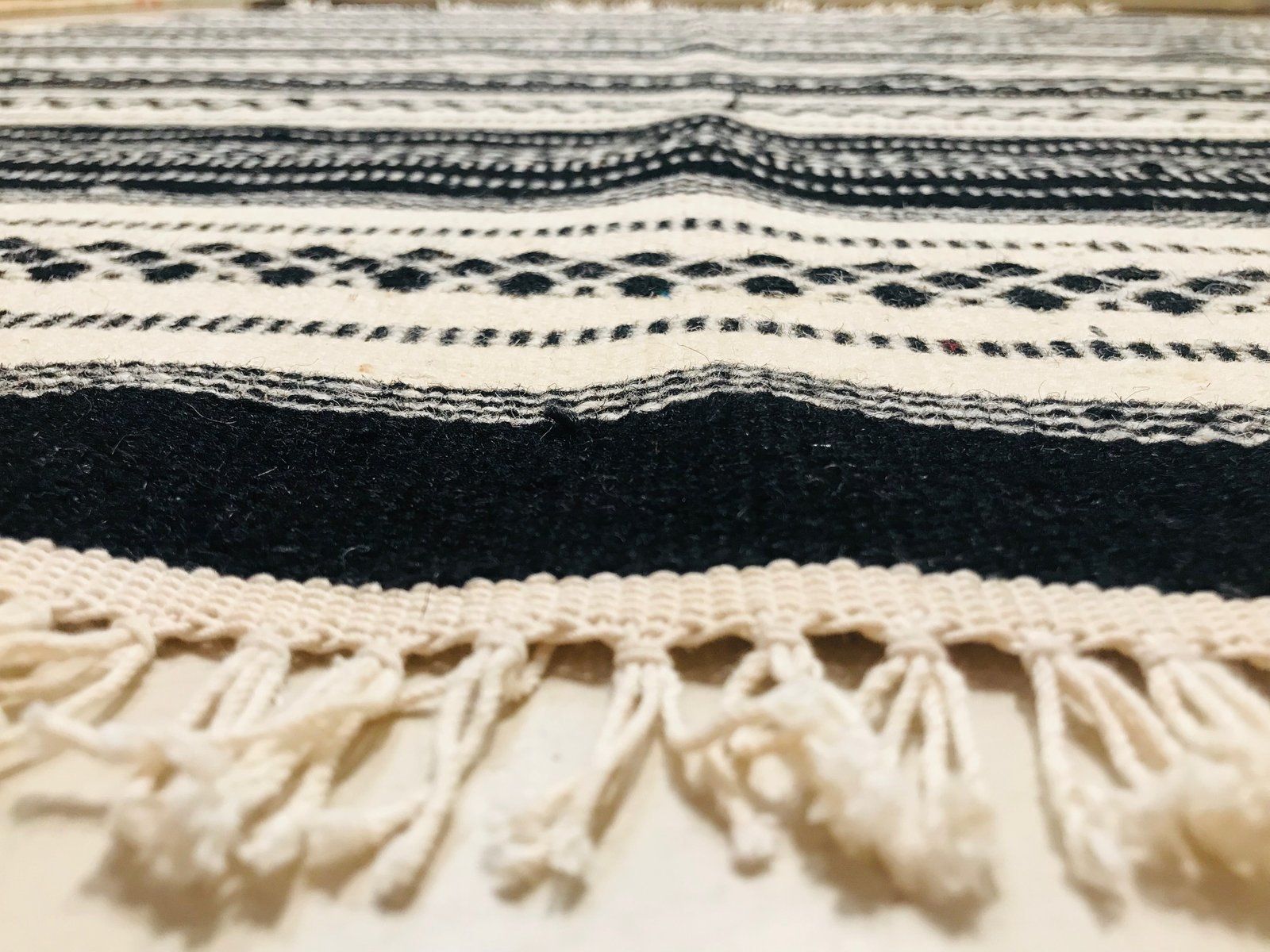 499.0 Handwoven Cotton And Wool Black And Beige Kilim Carpet, 1970s photo