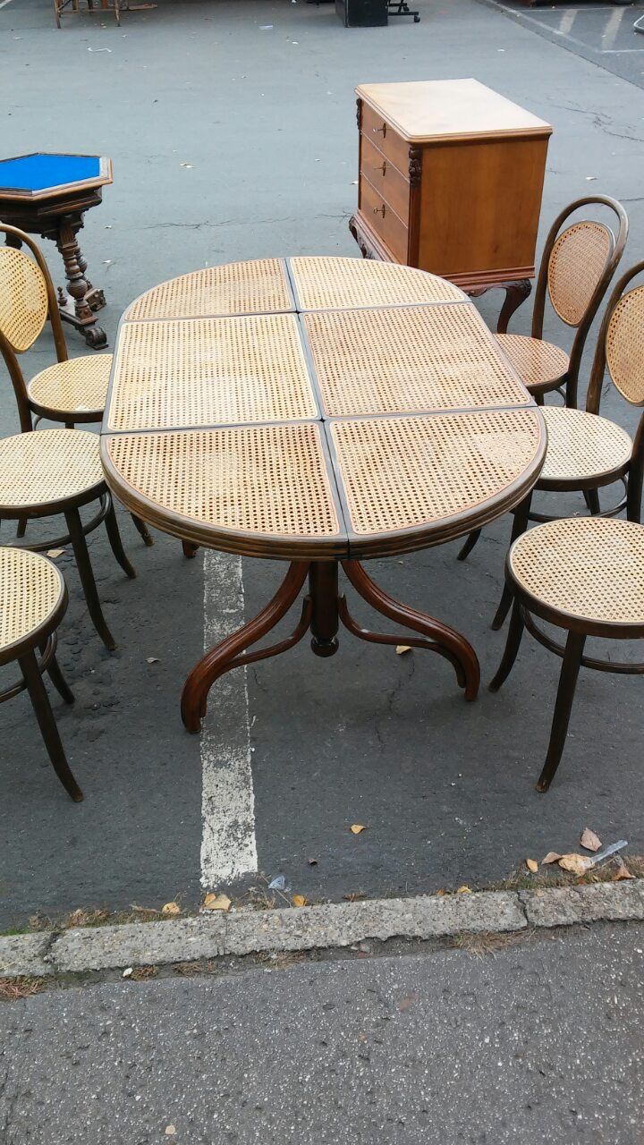 photo buy Oval Dining Table And 6 Chairs In Wood Cane, Germany, 1970s