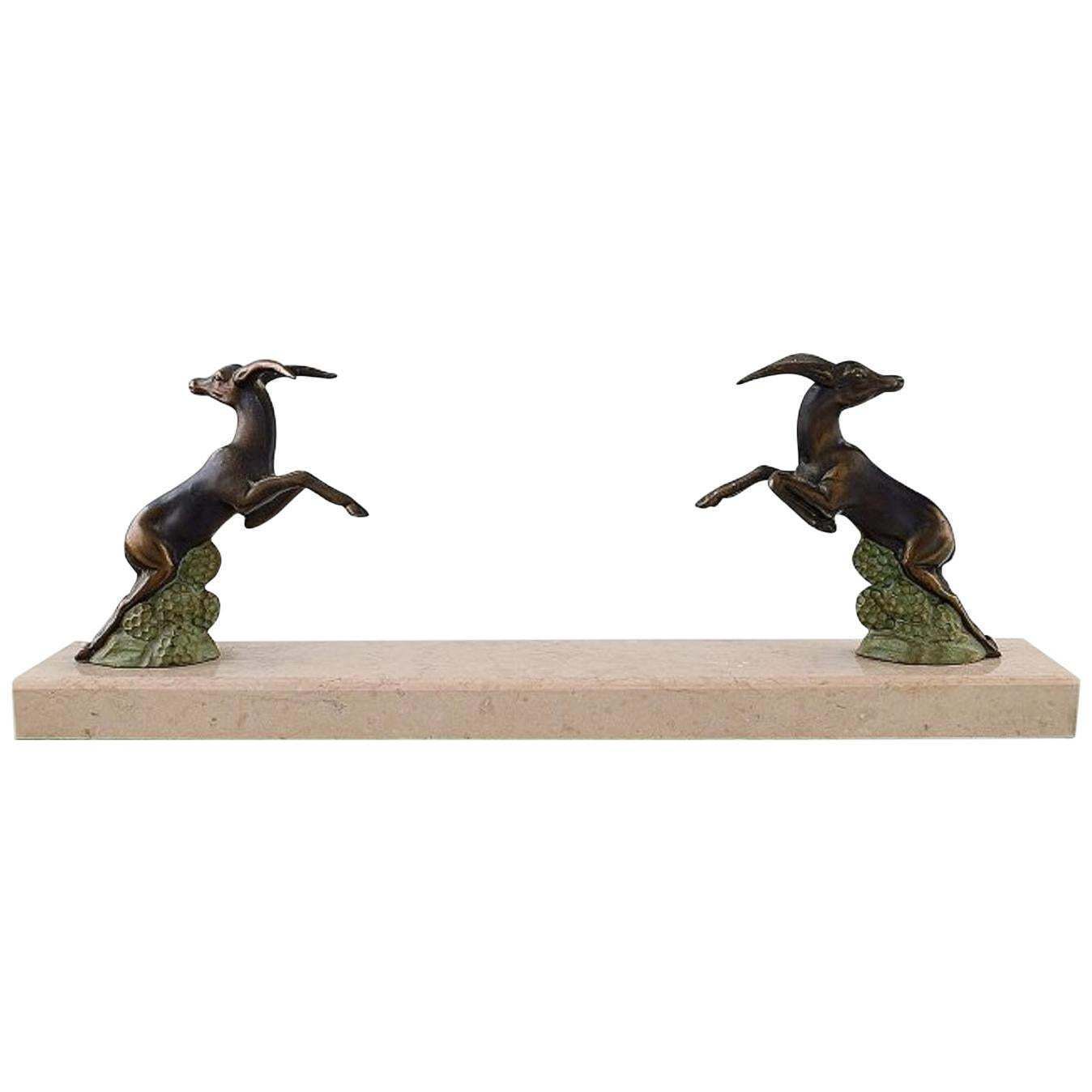Art Deco Sculpture Of Jumping Bucks In Patinated Metal On Marble Base, 1930s
