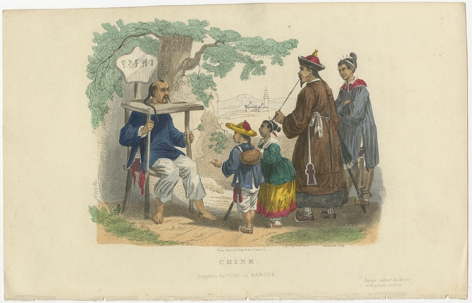 Antique Print Of Punishment With A Cangue By De Lurcy (1844)