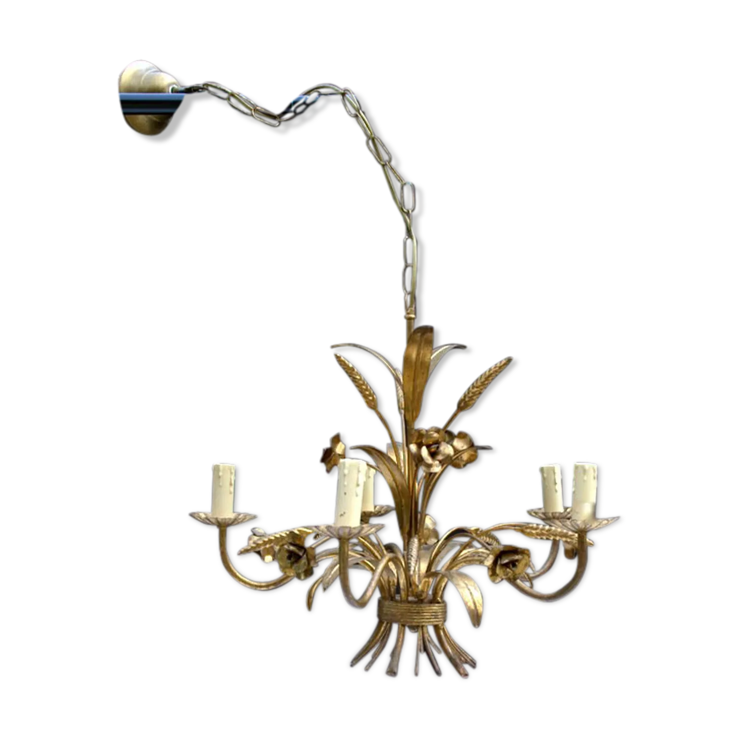 French Vintage Gold Metal Coat Of Wheat Chandelier 70s