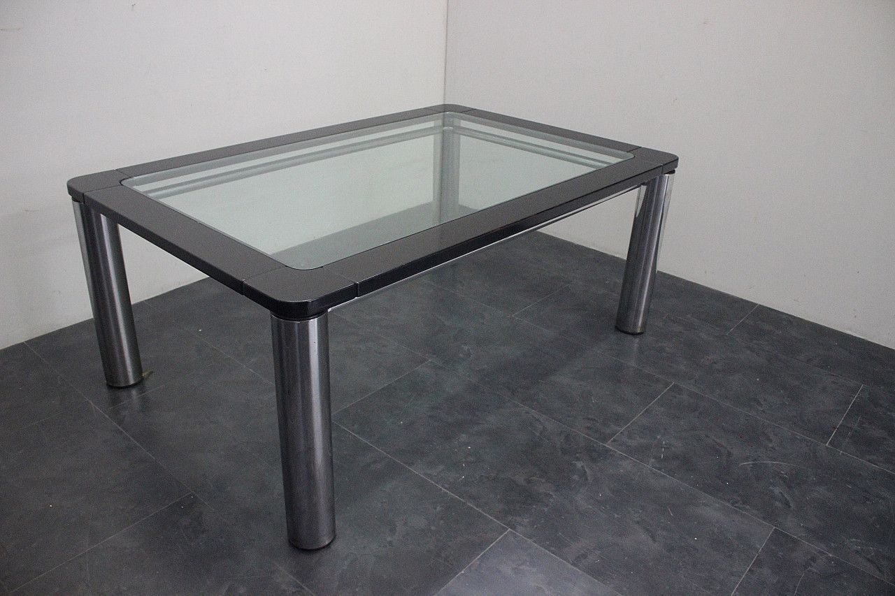Black Lacquer Wood, Steel, And Glass Dining Table By Marco Zanuso For Zanotta, 1970s photo for sale