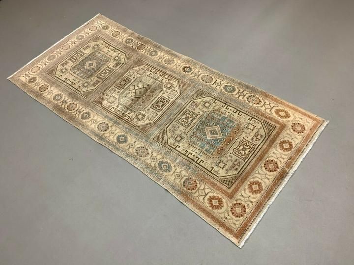 Distressed Turkish Rug 197x90 Cm Wool Vintage Shabby Chic Tribal Blue, Beige photo for sale