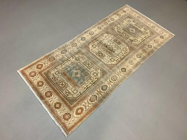 Distressed Turkish Rug 197x90 Cm Wool Vintage Shabby Chic Tribal Blue, Beige photo Textiles