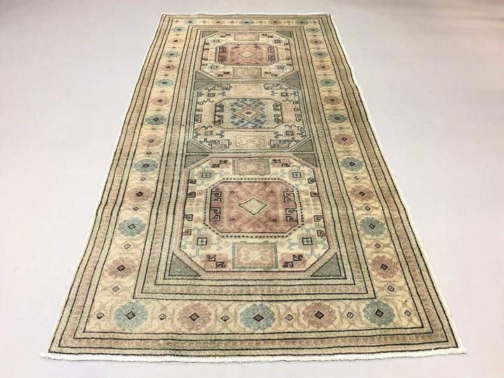 Distressed Turkish Rug 193x100 Cm Wool Vintage Shabby Chic Tribal Blue, Beige photo furniture