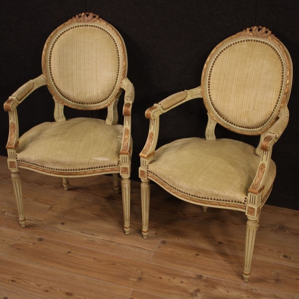 Furniture Pair Of Italian Lacquered And Gilded Armchairs In Louis XVI Style photo