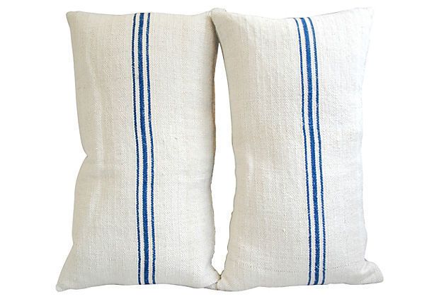 Hungarian Grain Sack & Linen Pillows With Navy Stripe, Pair photo 241.0