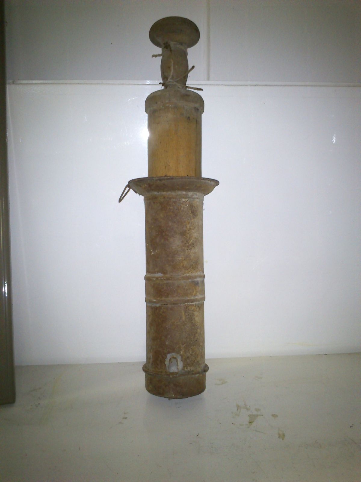 Antique Primitive Tin Tube Sausage Stuffer With Wooden Plunger photo for sale