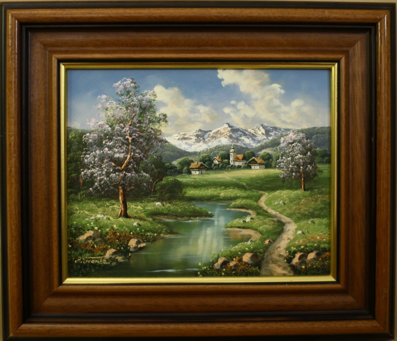 Oil On Canvas Signed A Franke. Tyrolean Scene, Onion Domed Church And Stream