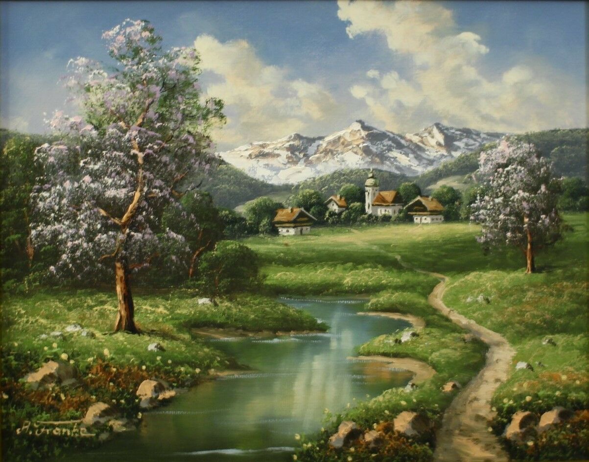 Oil On Canvas Signed A Franke. Tyrolean Scene, Onion Domed Church And Stream photo furniture