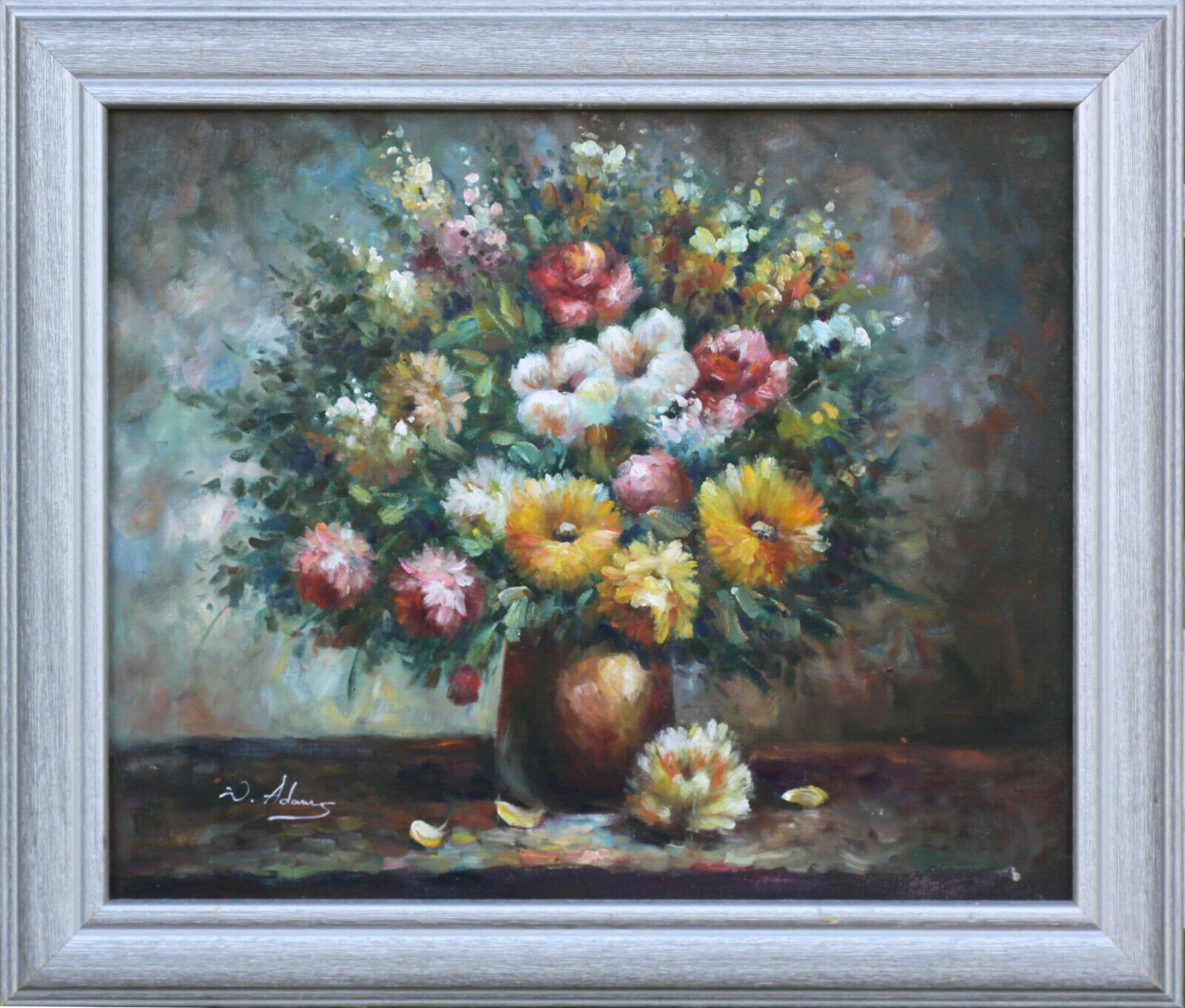 Oil On Board By Walter Adams. Floral Still Life, Chrysanthemums And Snap Dragons
