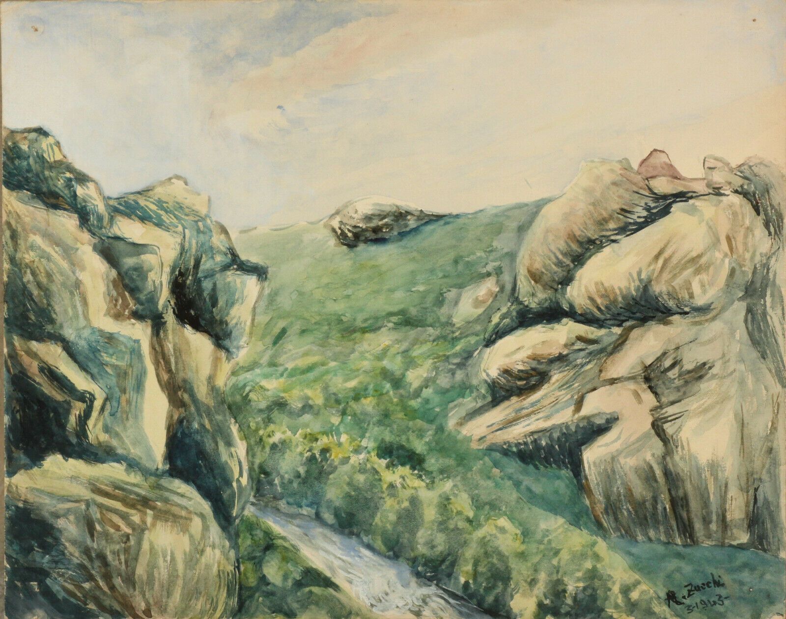 Watercolour By Abelardo Zucchi. Landscape Of A Mountain Stream