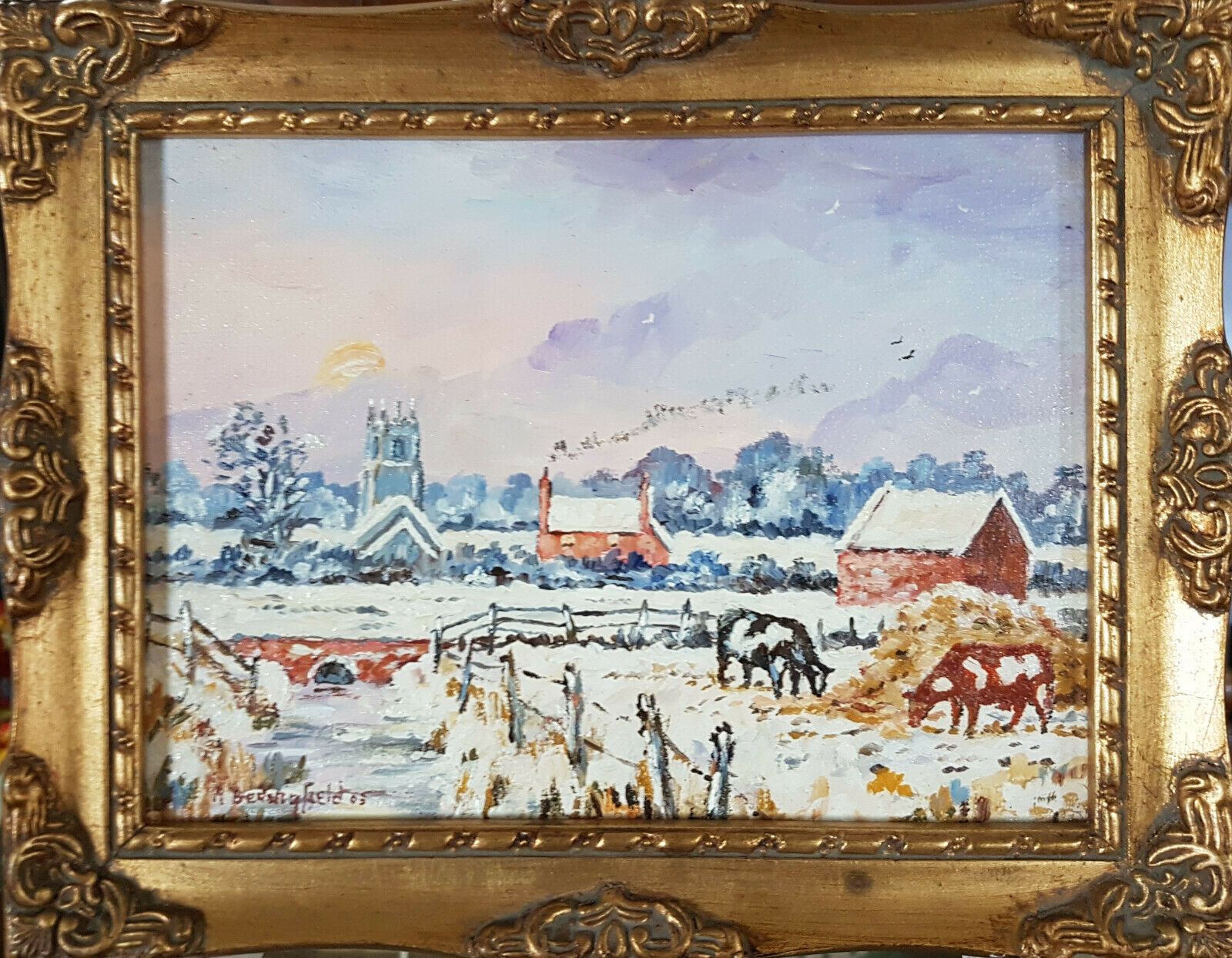 Oil Painting On Board By Roger Bedingfield. Titled, "Snow At Acle" Dated 2003. In Wooden Frame.