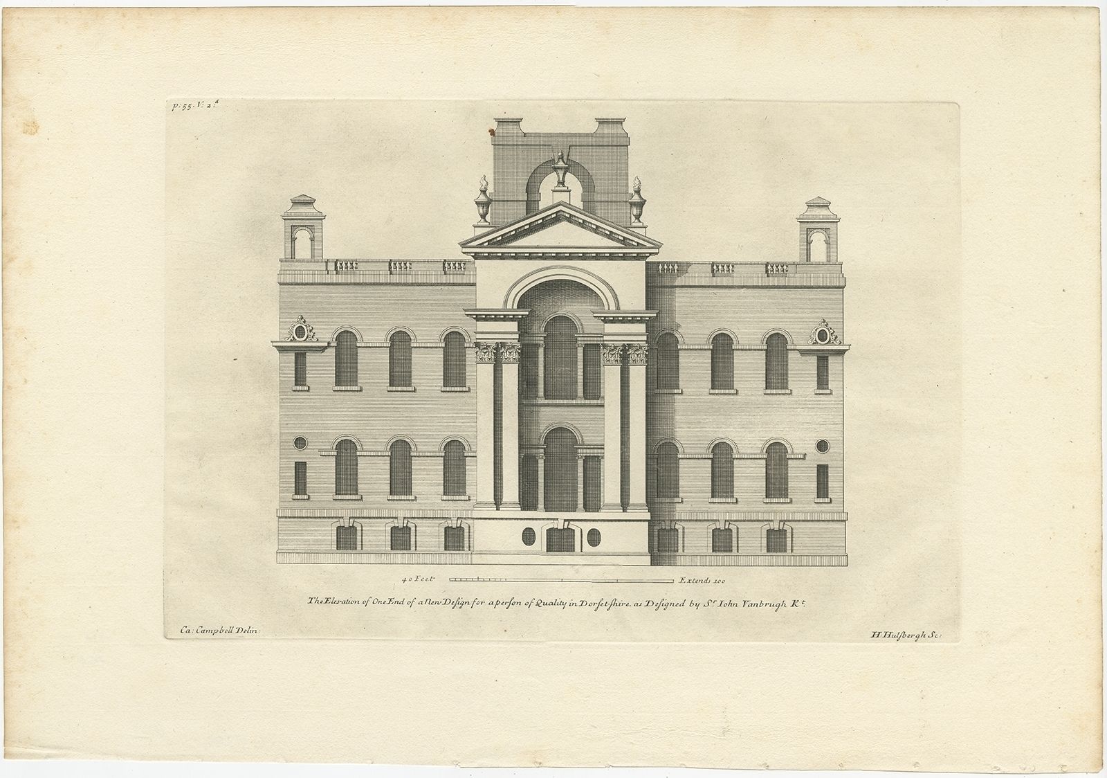 Antique Print Of A New Building Design In Dorset By Campbell (1714)