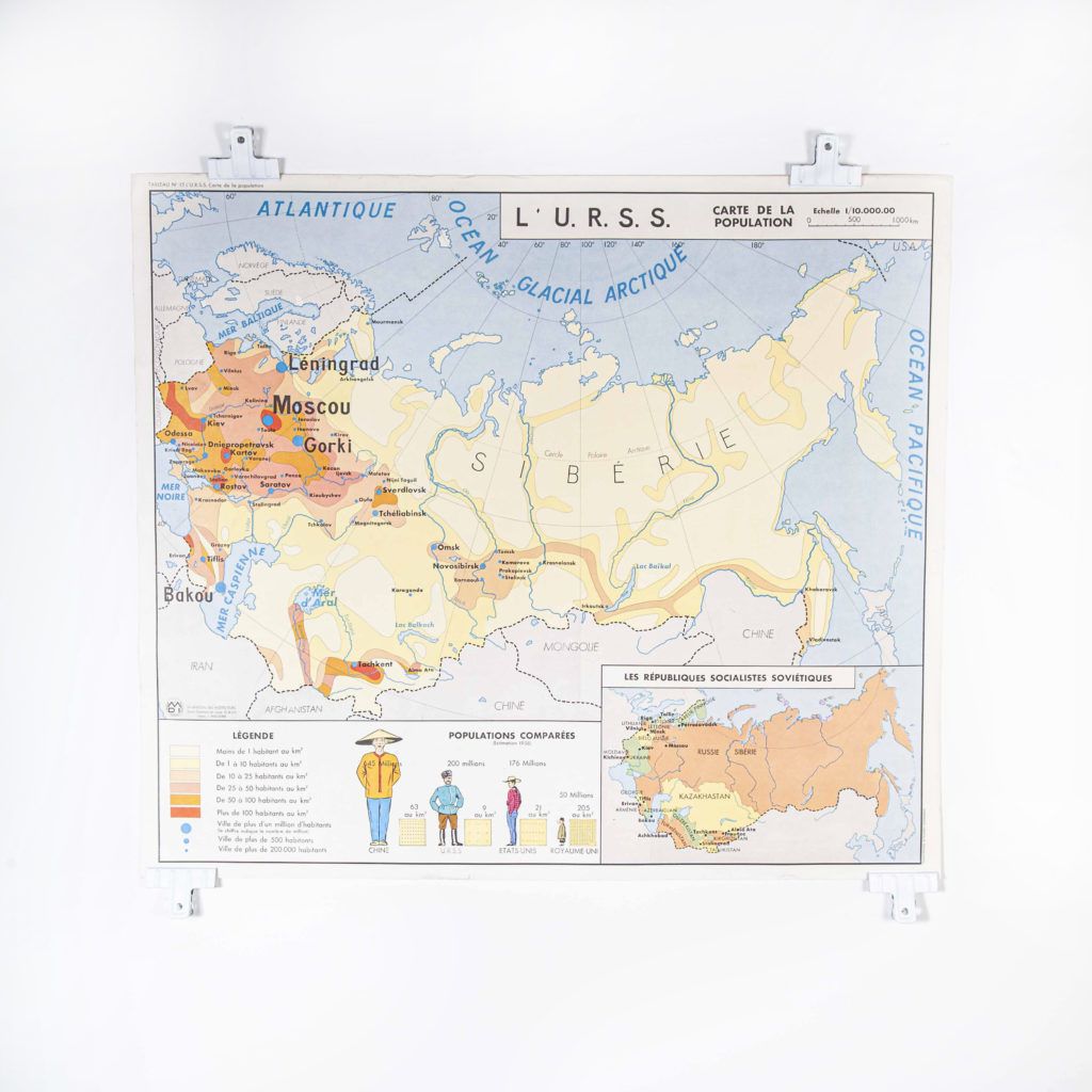 French Double Sided Educational School Poster Of The Populations Of China And Ussr photo Art