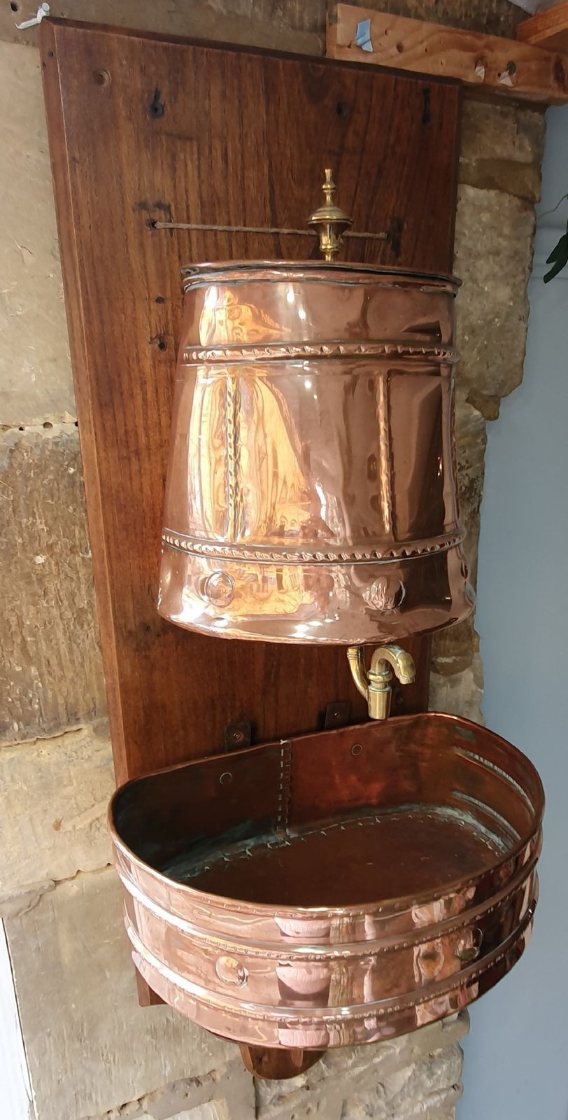 19th Century French Lavabo / Water Fountain Copper With Brass, Mounted On Wood photo vinterior