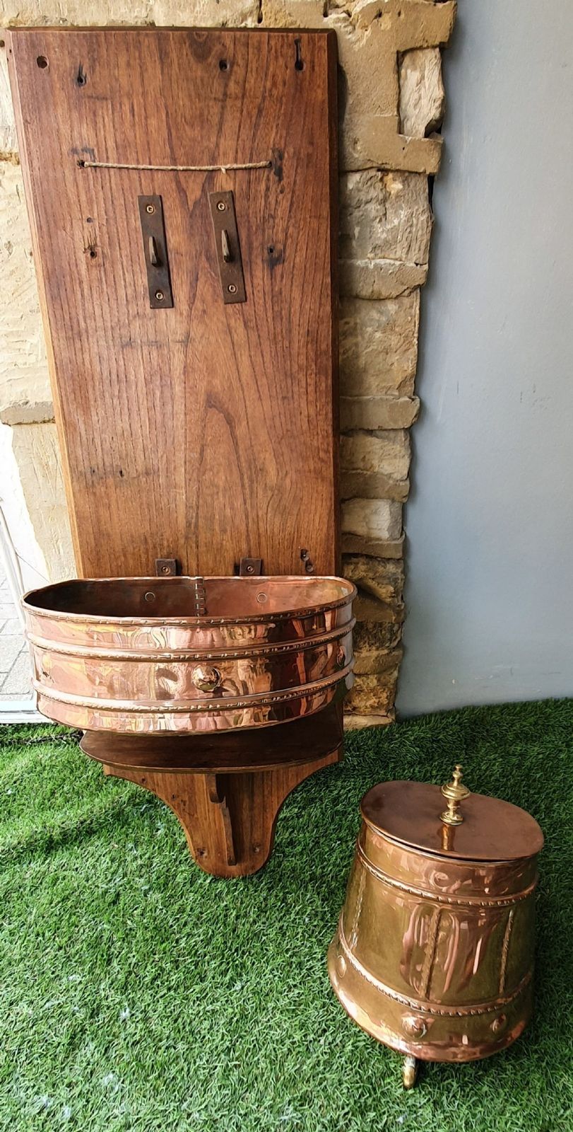 photo vinterior 19th Century French Lavabo / Water Fountain Copper With Brass, Mounted On Wood