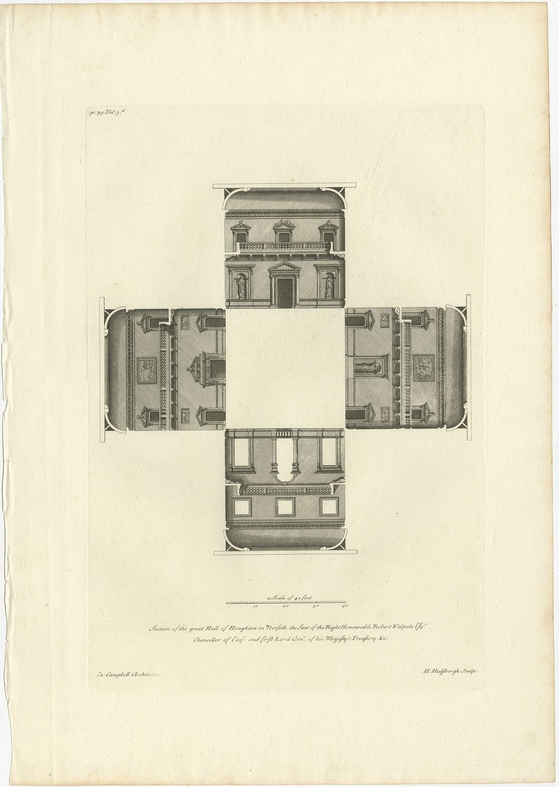 Antique Print Of The Great Hall Of Houghton Hall By Campbell (1725)