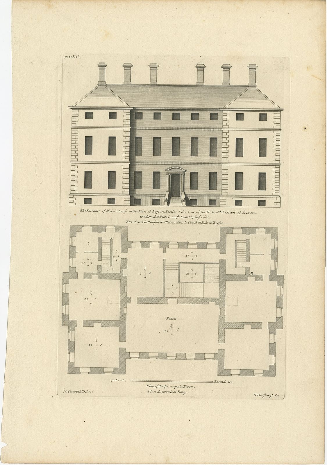 Antique Print Of The Melville House By Campbell (1725)
