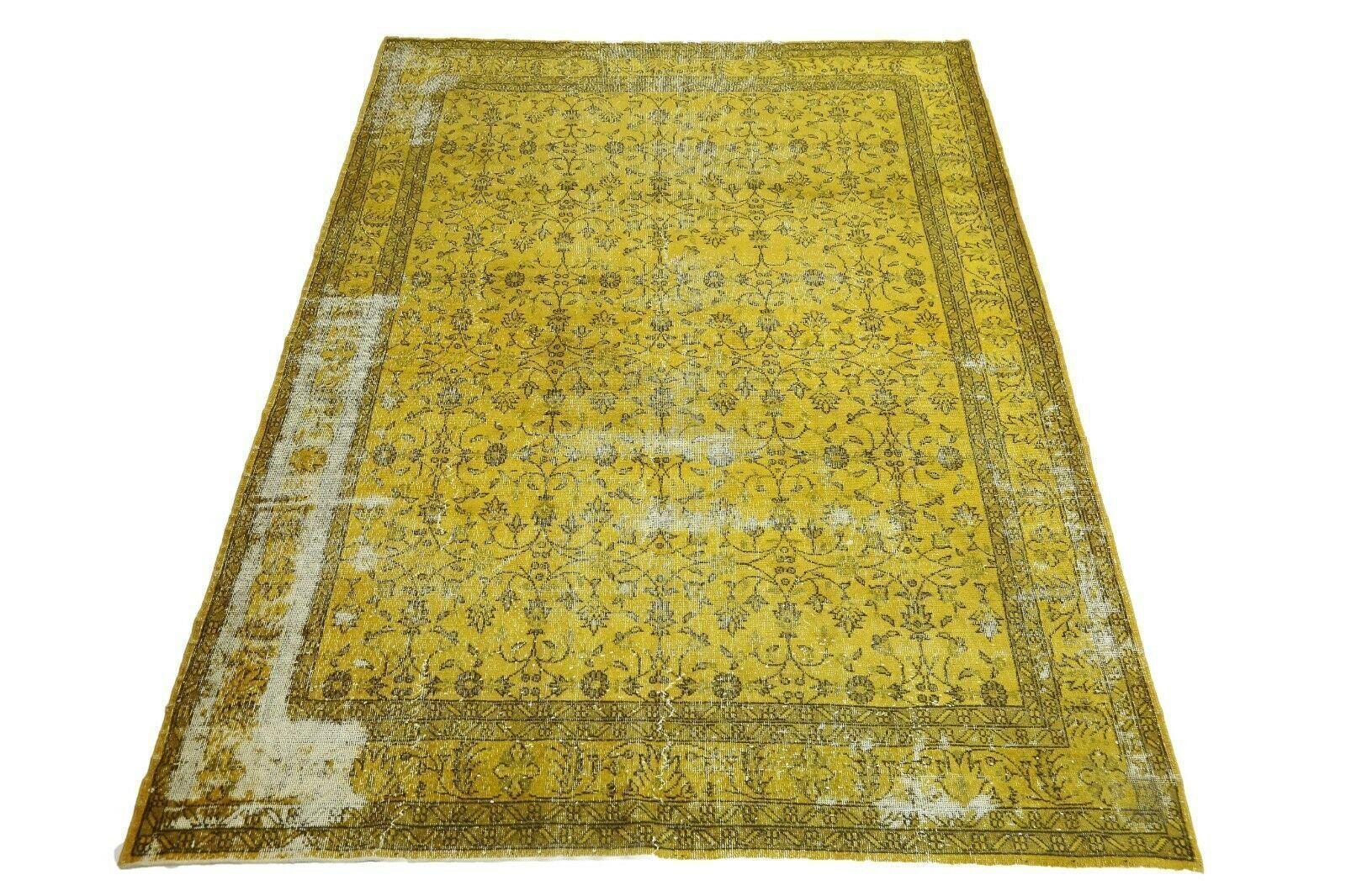214x310 Cm Hand Knotted Yellow Turkish Area Carpet Vintage Floral Distressed Rug 7x10'2 Ft