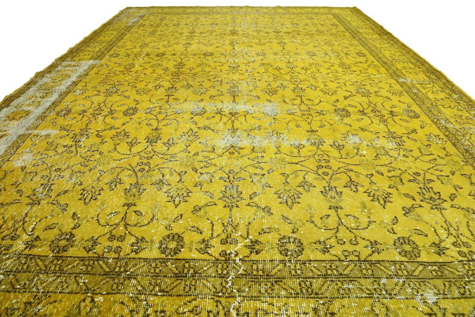 214x310 Cm Hand Knotted Yellow Turkish Area Carpet Vintage Floral Distressed Rug 7x10'2 Ft photo for sale
