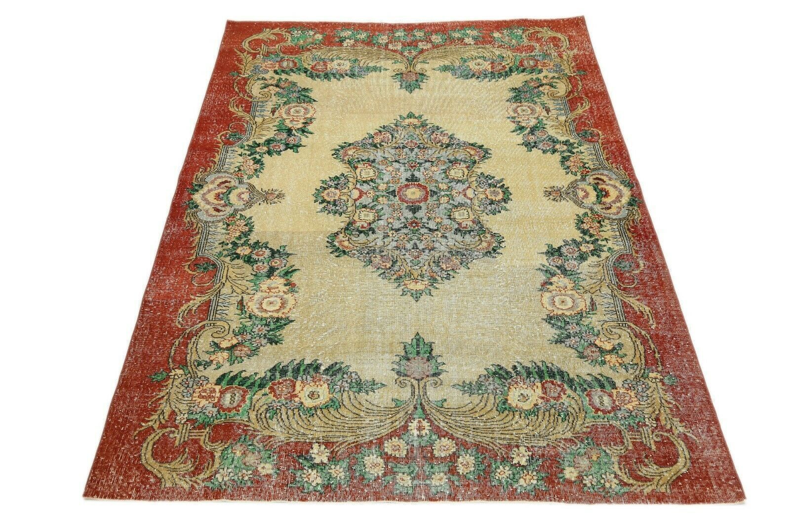 215x301 Medallion Vintage Area Turkish Oushak Handwoven Wool Oriental Beige Red 7x9.9 Ft photo furniture