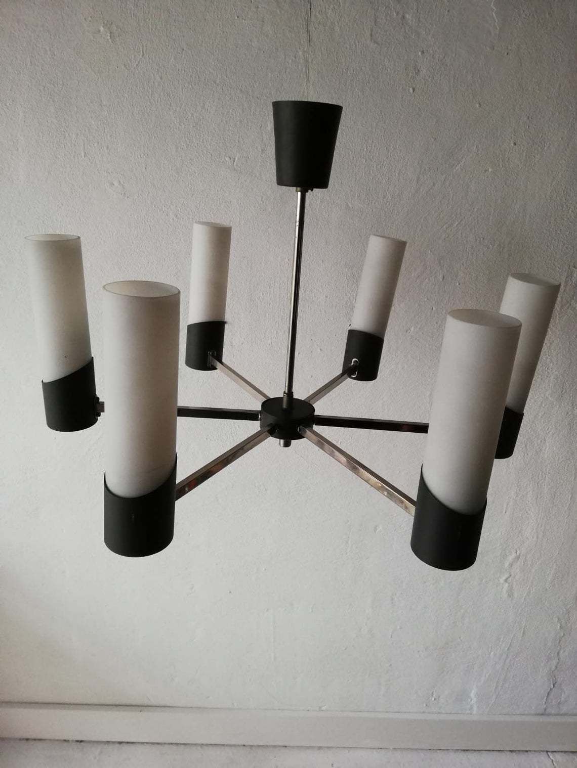 Mid Century Modern Italian Chandelier   6 Armed Minimalist Opal Glass Tube Lampshades With Grey Metal Body   60s Italy