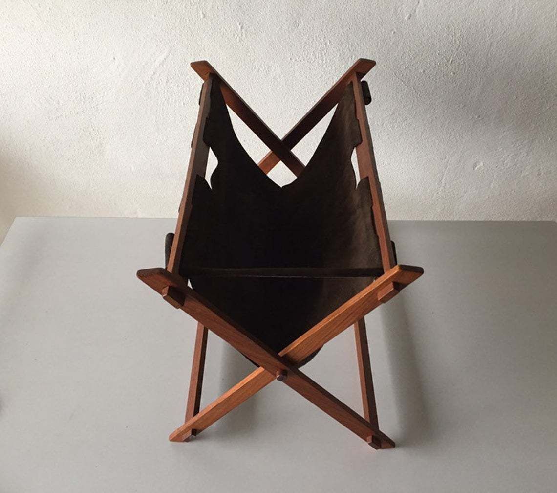 Mid Century Modern Danish Teak And Suede Leather Magazin Newspaper Holder