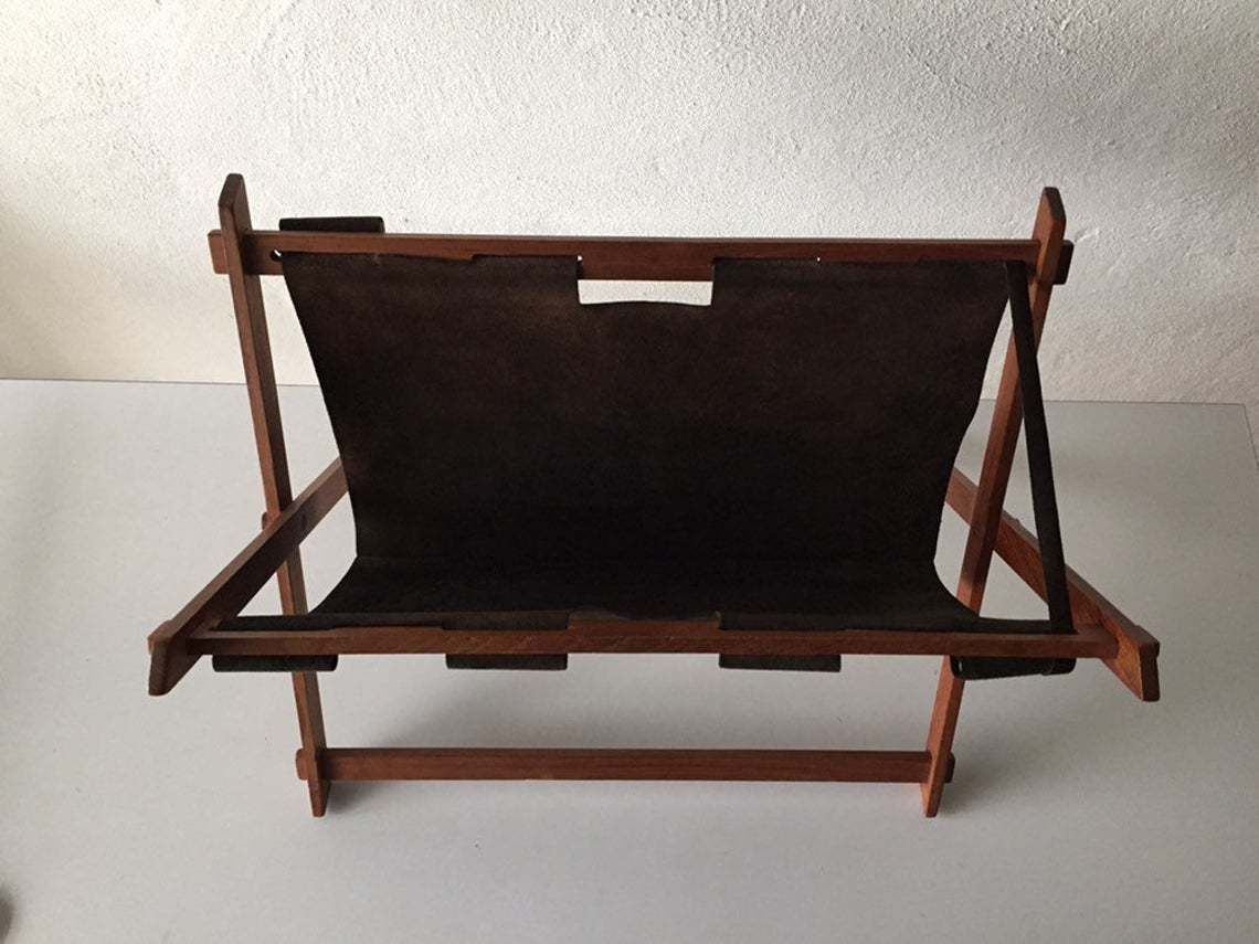 Mid Century Modern Danish Teak And Suede Leather Magazin Newspaper Holder photo for sale