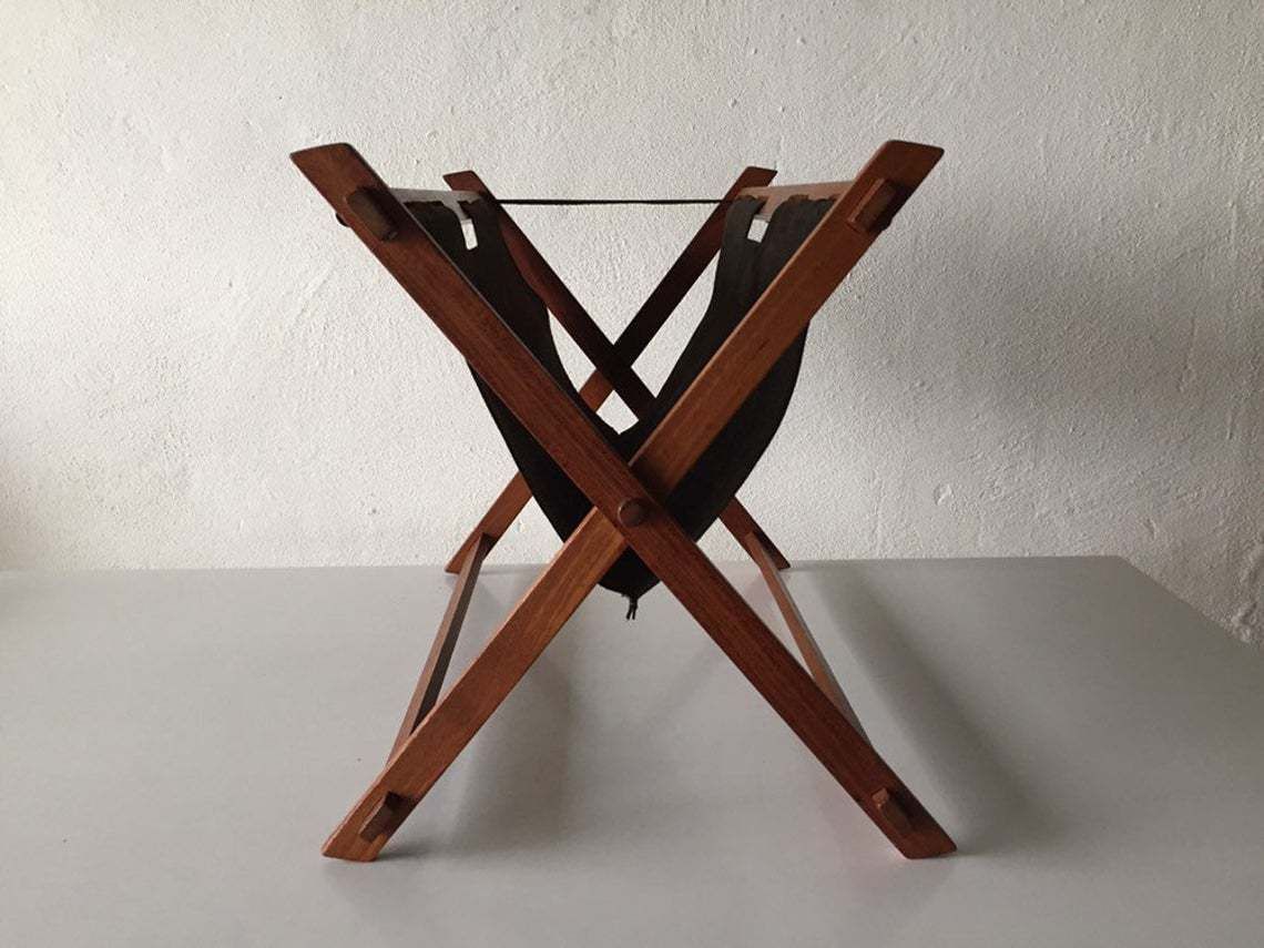 Mid Century Modern Danish Teak And Suede Leather Magazin Newspaper Holder photo Home Decor