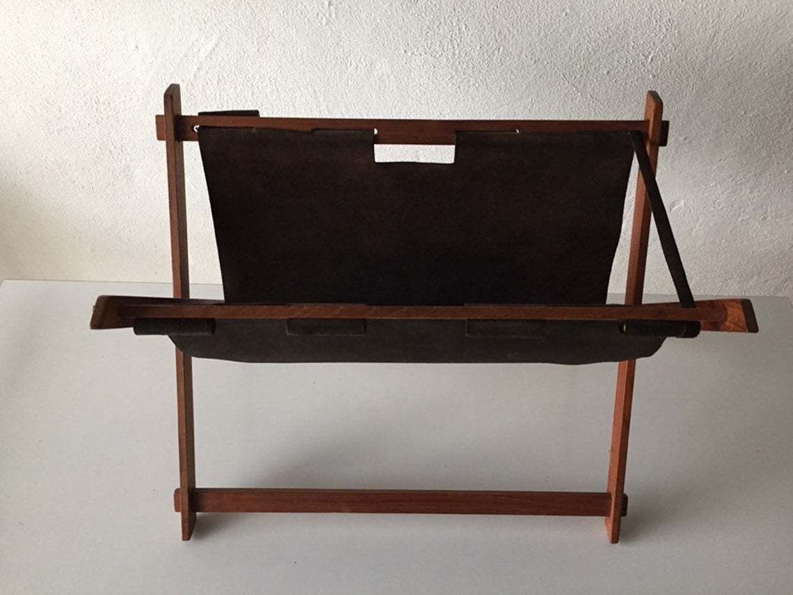 Mid Century Modern Danish Teak And Suede Leather Magazin Newspaper Holder photo 238.08