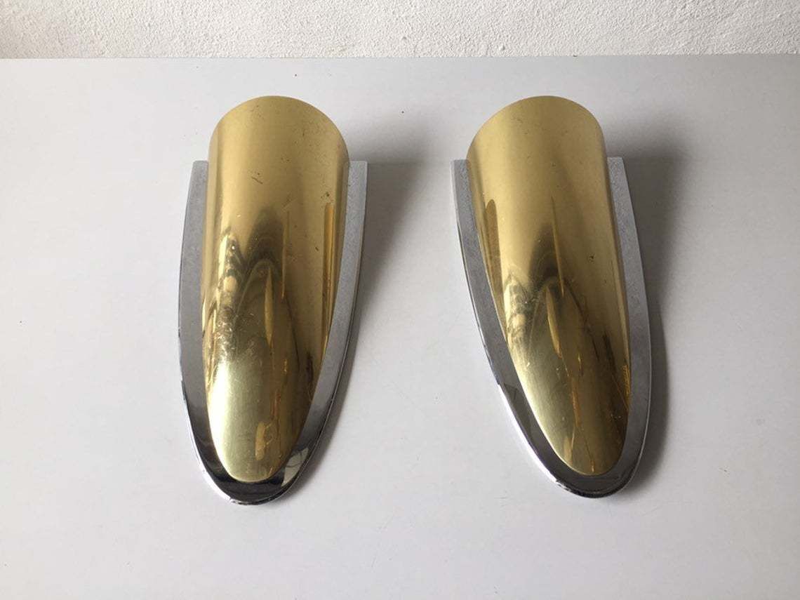 Exclusive Very Rare Brass & Chrome Wall Lamps   Heavy Sconces   Hollywood Regency   Mid Century Modern   By Art Line Wohndecor, Köln   1960s photo for sale