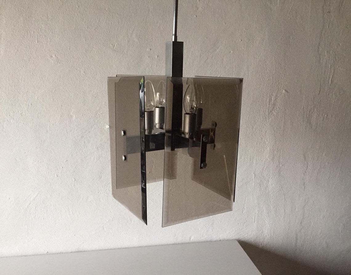 Veca Smoked Cut Glass & Chrome Body Chandelier   1970s Italy