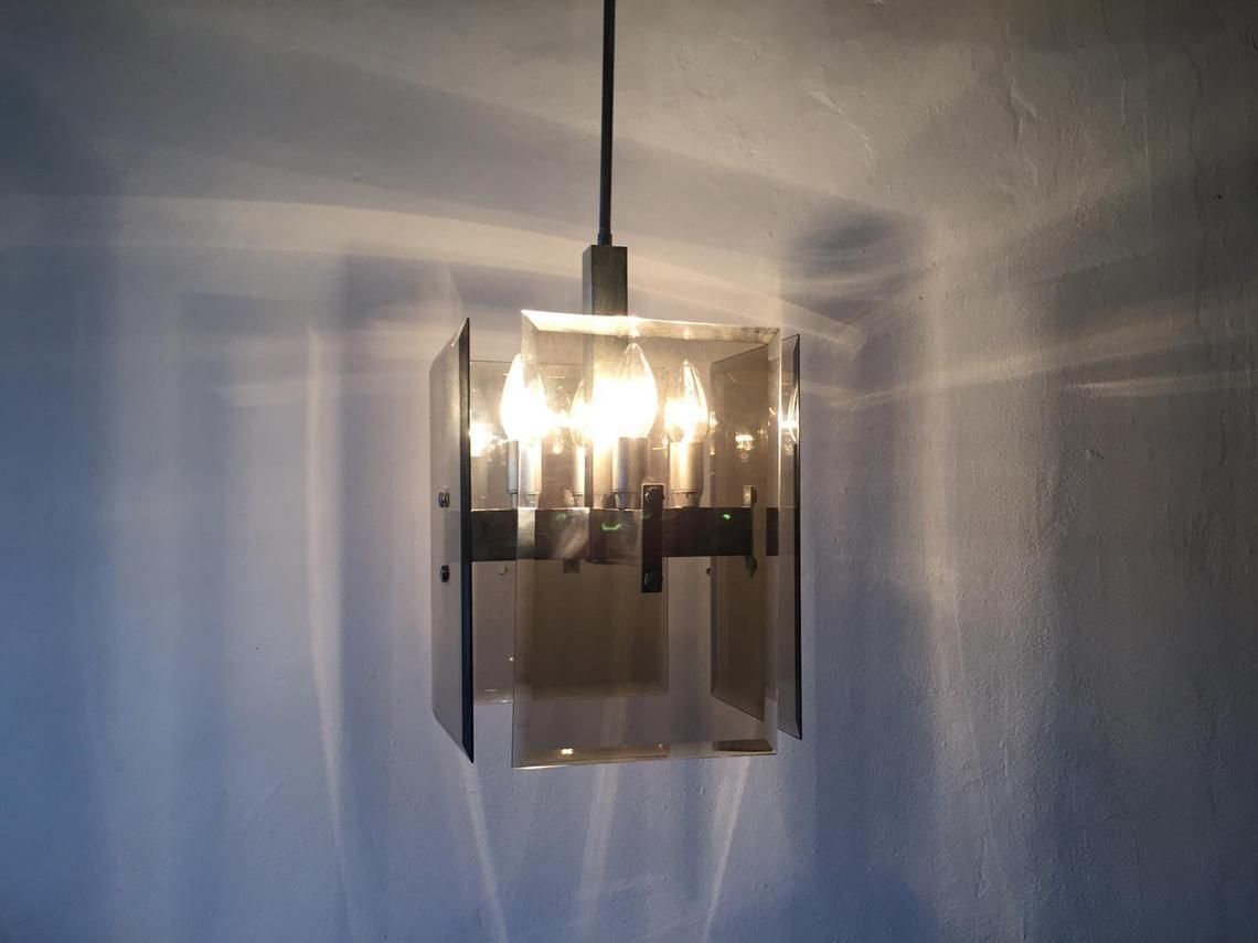 Veca Smoked Cut Glass & Chrome Body Chandelier   1970s Italy photo for sale