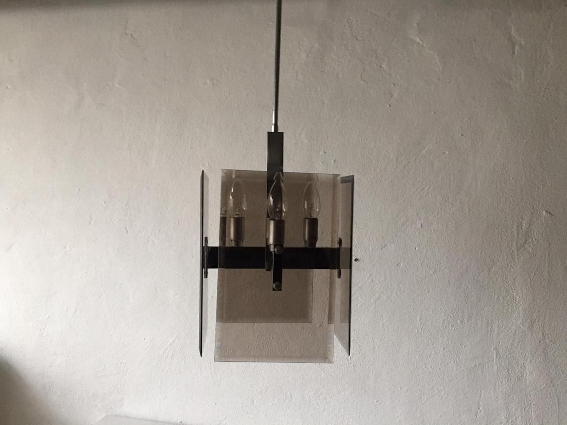 photo for sale Veca Smoked Cut Glass & Chrome Body Chandelier   1970s Italy