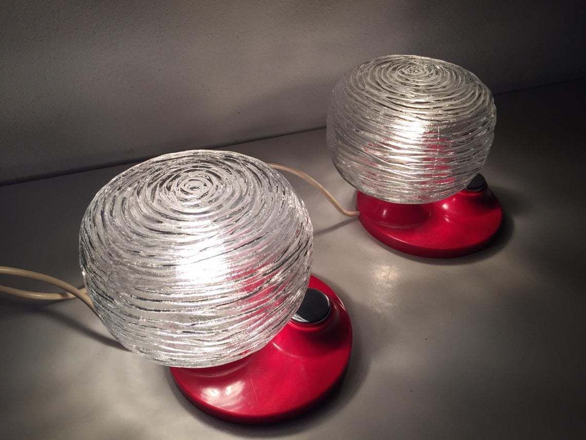 Hillebrand Pair Of Rare Rose Designed Glass Bedside Lamps   Beautiful Red Body & Big Chrome Buttons   1970s Germany