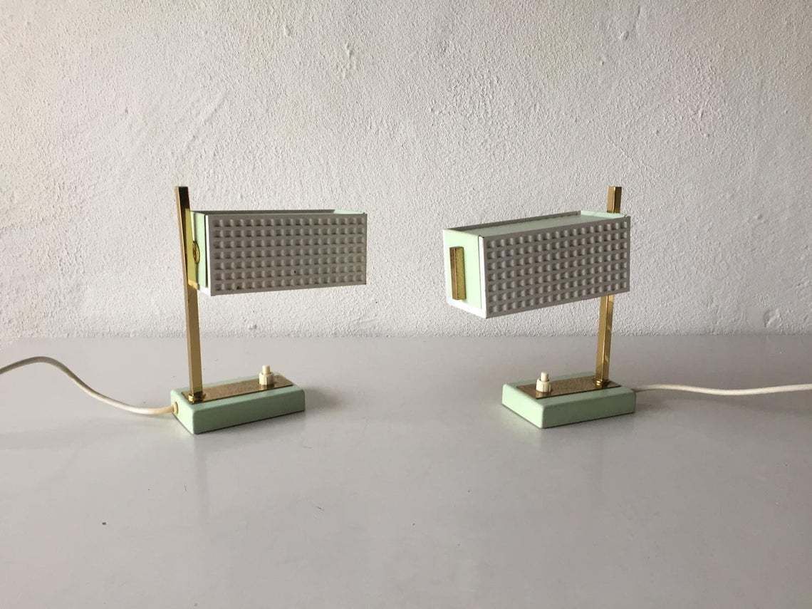 Green & White Perforated Metal Pair Of Table Lamps By Mathieu Matégot   1950s France photo Lighting