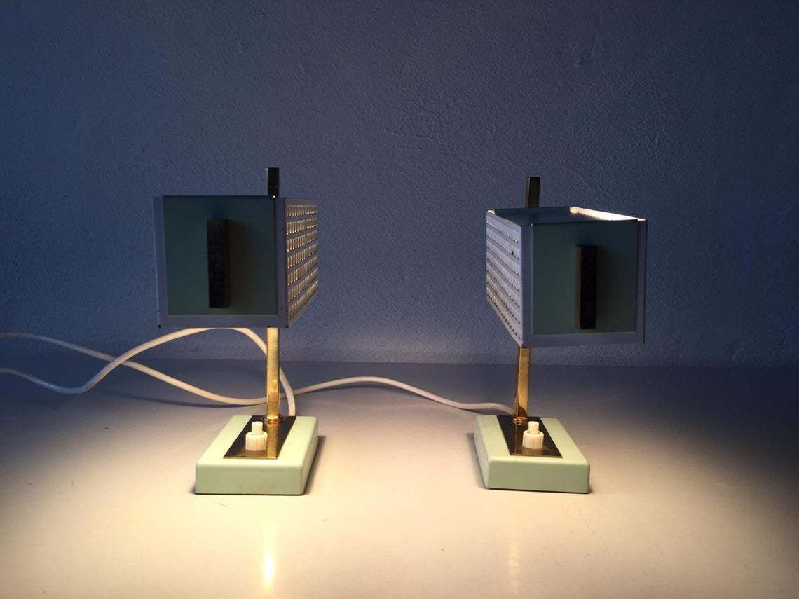 photo furniture Green & White Perforated Metal Pair Of Table Lamps By Mathieu Matégot   1950s France