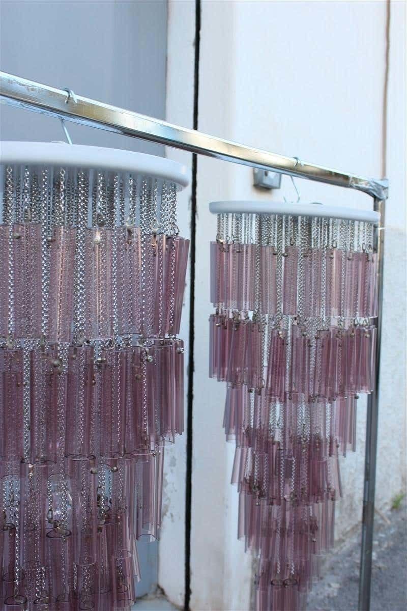 Pair Of Round Venini Cascade Chandeliers Straws Viola Murano Glass Italian photo vinterior